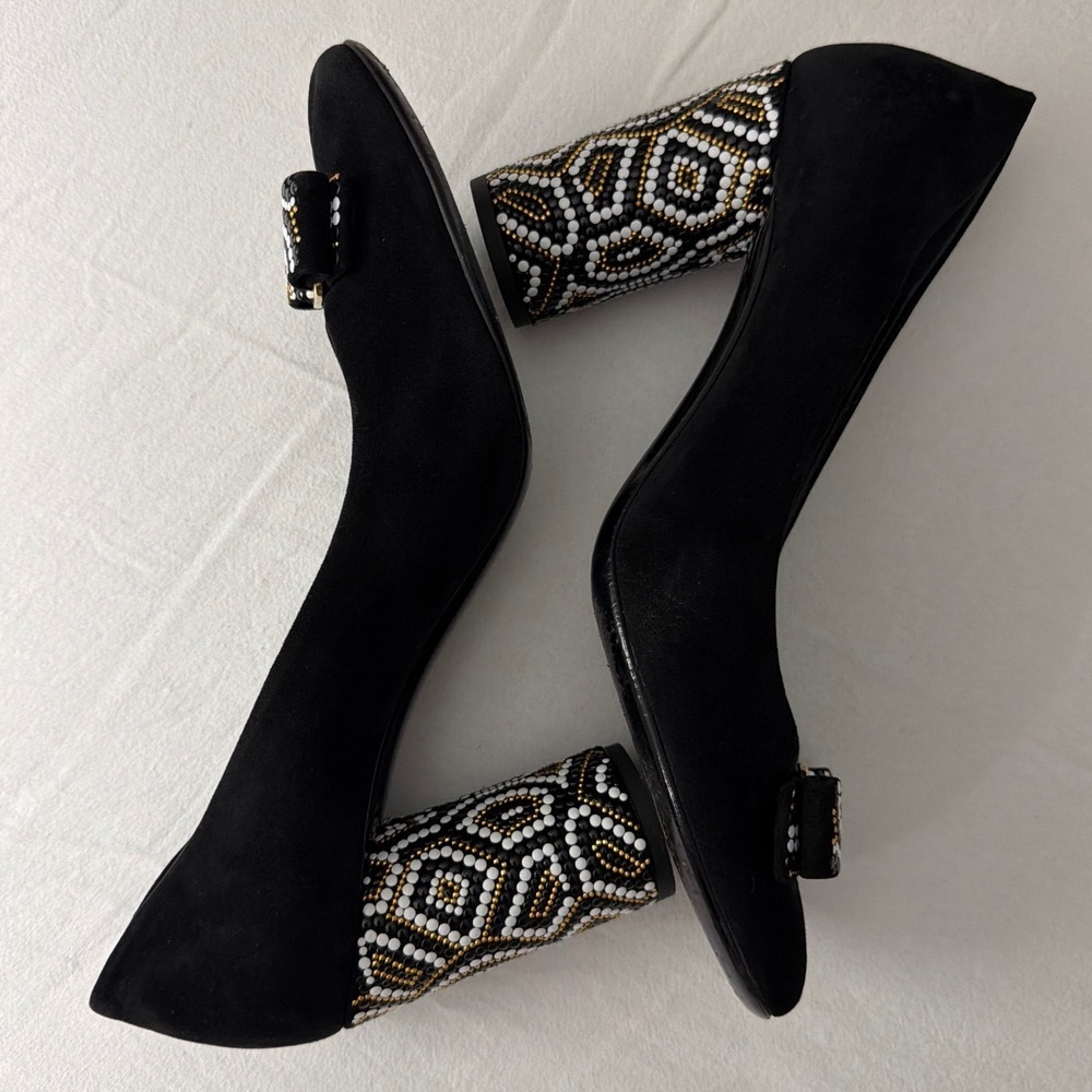 Salvatore Ferragamo Womens Black Suede Beaded Block Heel Vara Bow Pumps 10 B - Picture 4 of 14